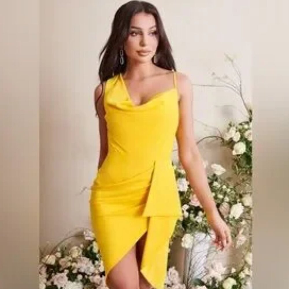 Lavish Alice Emma Cowl Neck Mini Wrap Formal Cocktail Dress in Yellow NWT Size 6